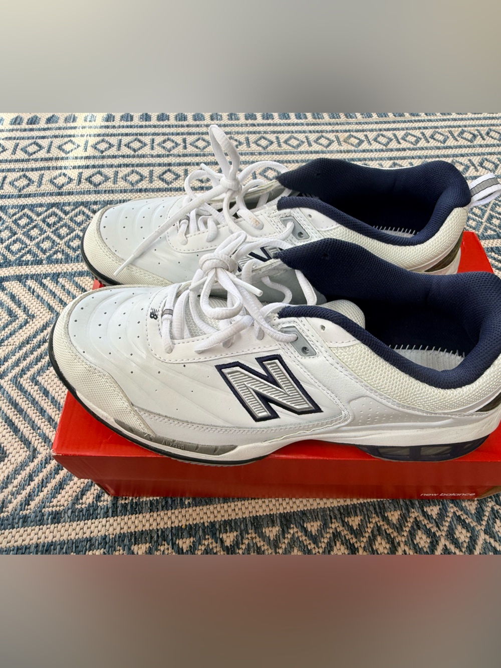 New Balance White and Navy Athletic Sneakers